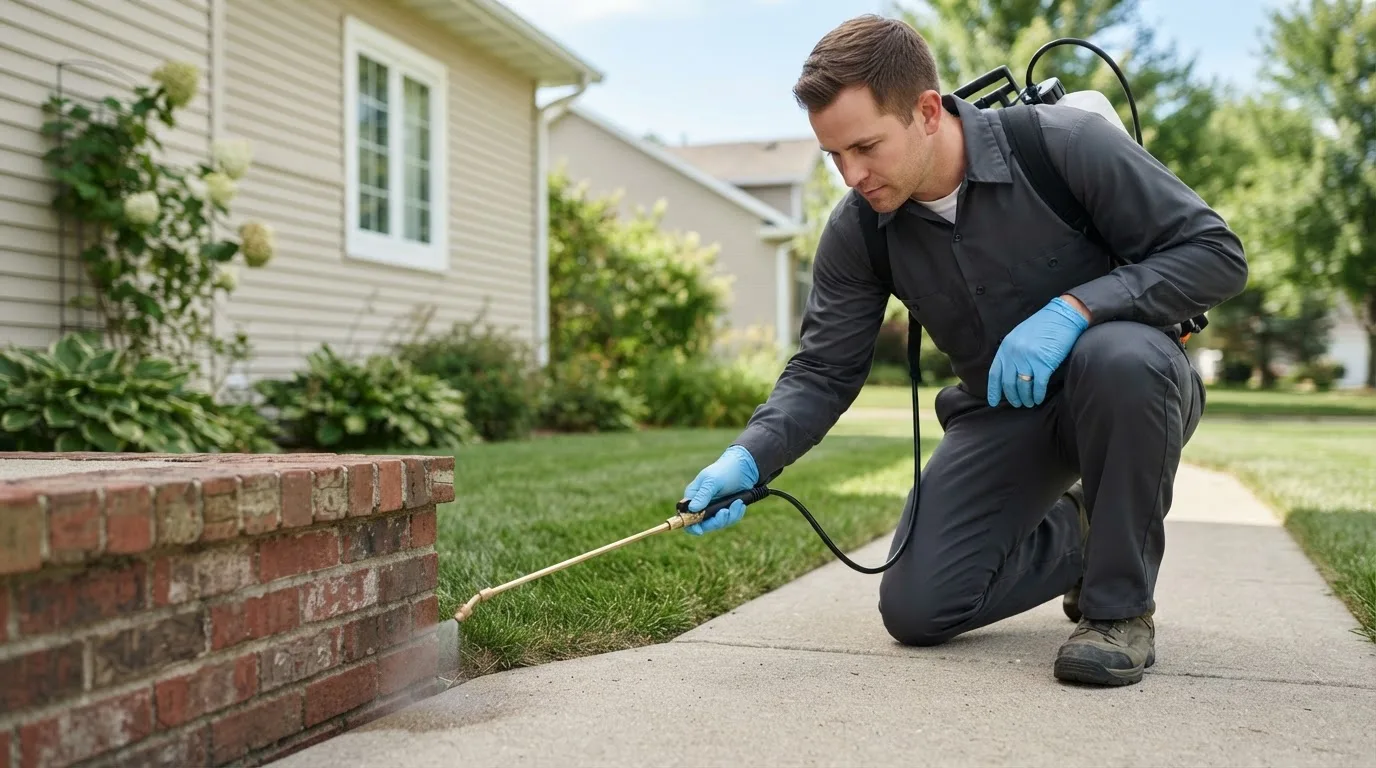 Pest control technician treating a home near Auxvasse, MO
