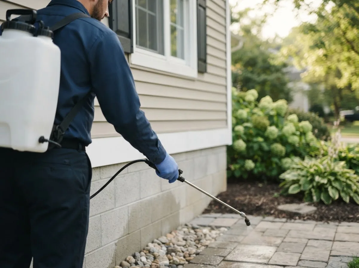 Pest control technician inspecting a home in Auxvasse, MO